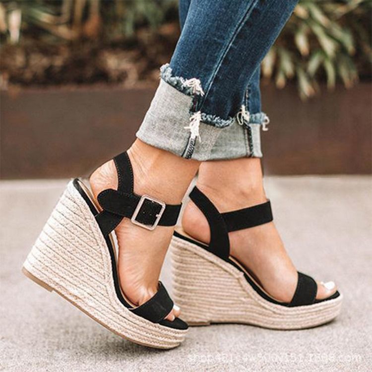 Wedge Heel Round Toe Buckle Patchwork Dam Sandaler