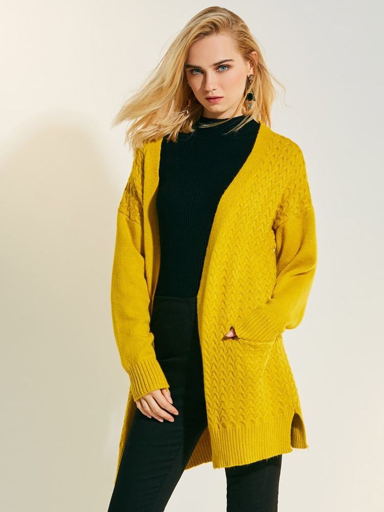 Loose Plain Mid-length Cardigan Stickat För Kvinnor