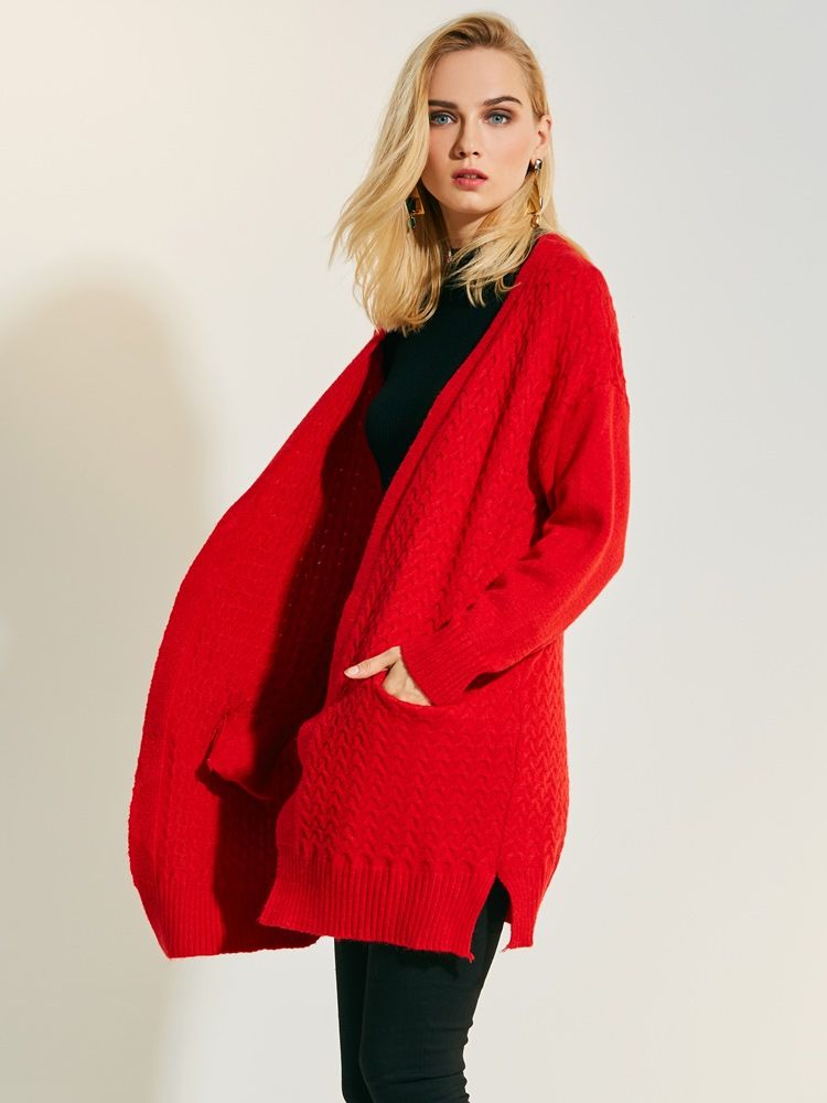 Loose Plain Mid-length Cardigan Stickat För Kvinnor