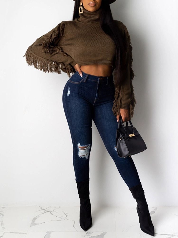 Regular Fringed Short Turtleneck Sweater För Kvinnor