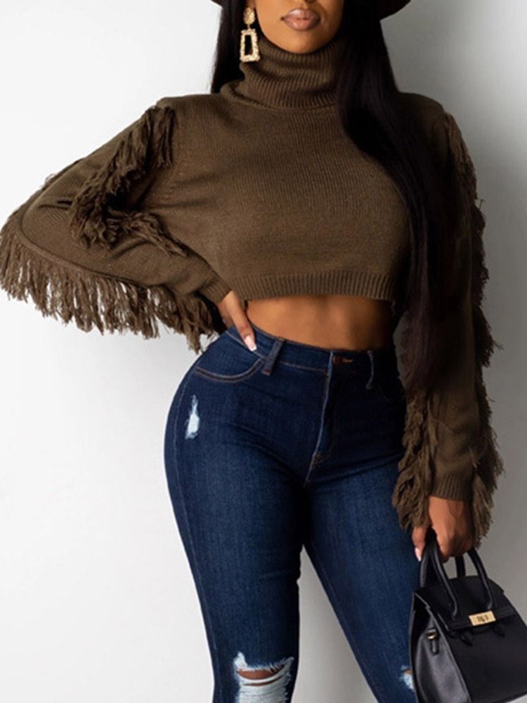 Regular Fringed Short Turtleneck Sweater För Kvinnor