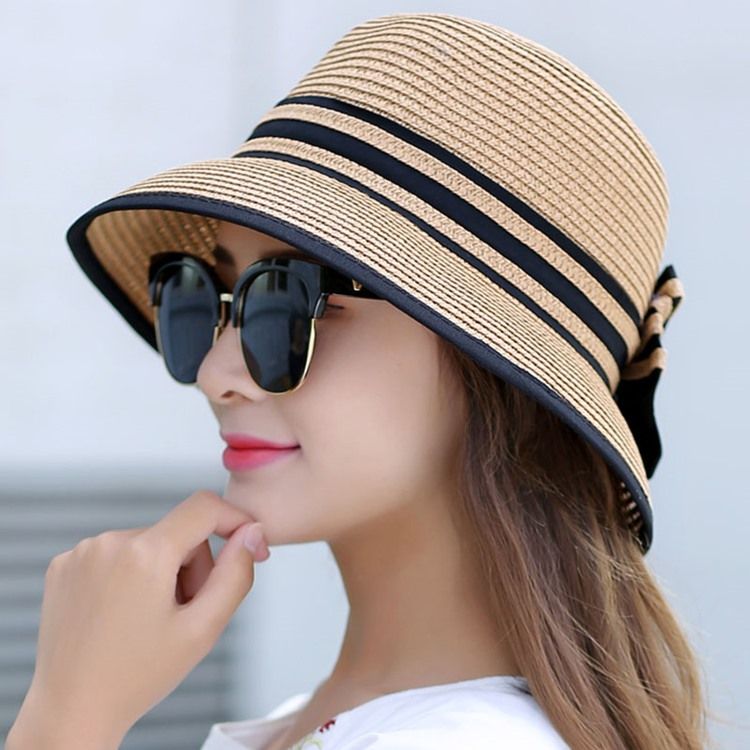 Dam Stripe Design Bowknot Vikbar Sommar Solhatt