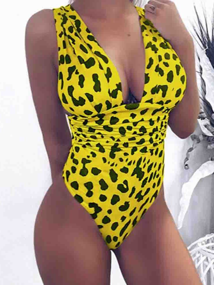 Kvinnors Leopard One Piece Sexig Color Block Badkläder