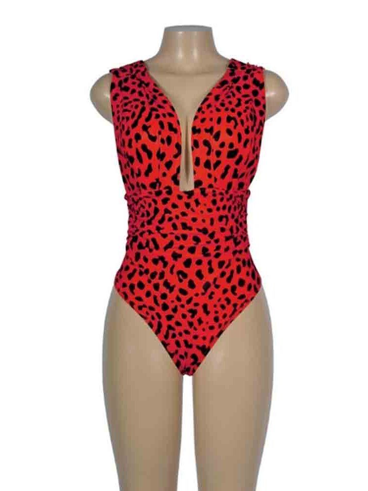 Kvinnors Leopard One Piece Sexig Color Block Badkläder