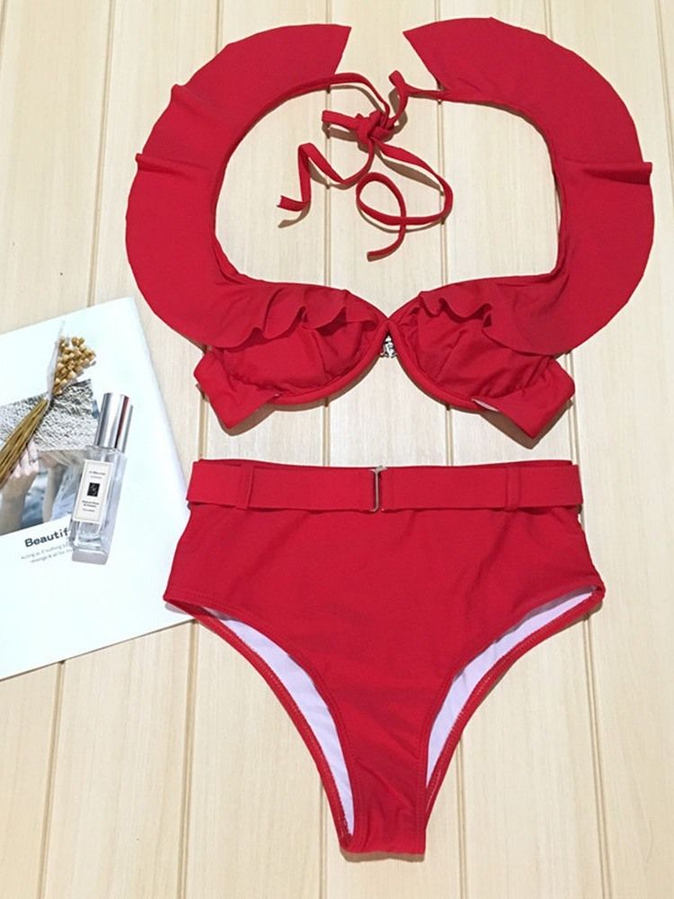 Off-shulder Ruffles Ärm Lace-up Bikini Set Sexig Baddräkt