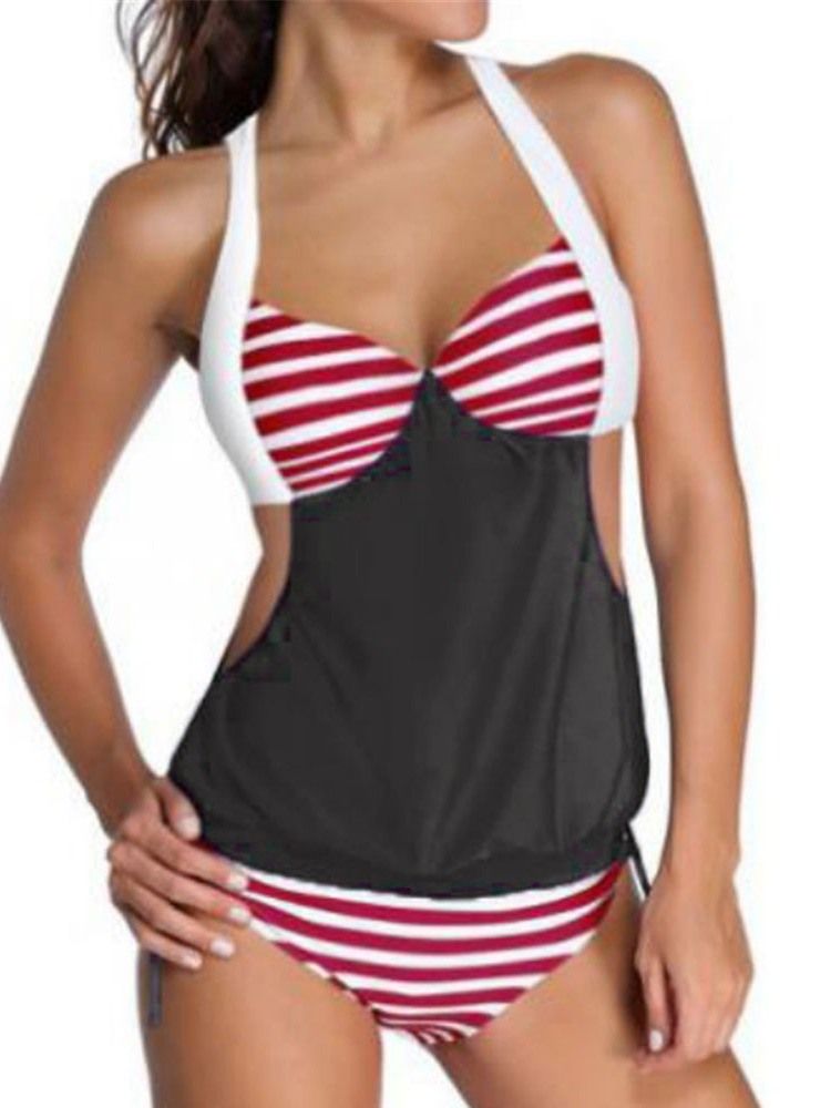 Patchwork Stripe Hollow Tankini Set Badkläder