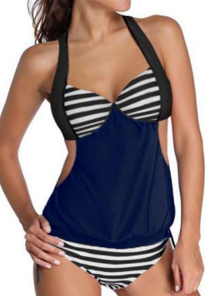 Patchwork Stripe Hollow Tankini Set Badkläder