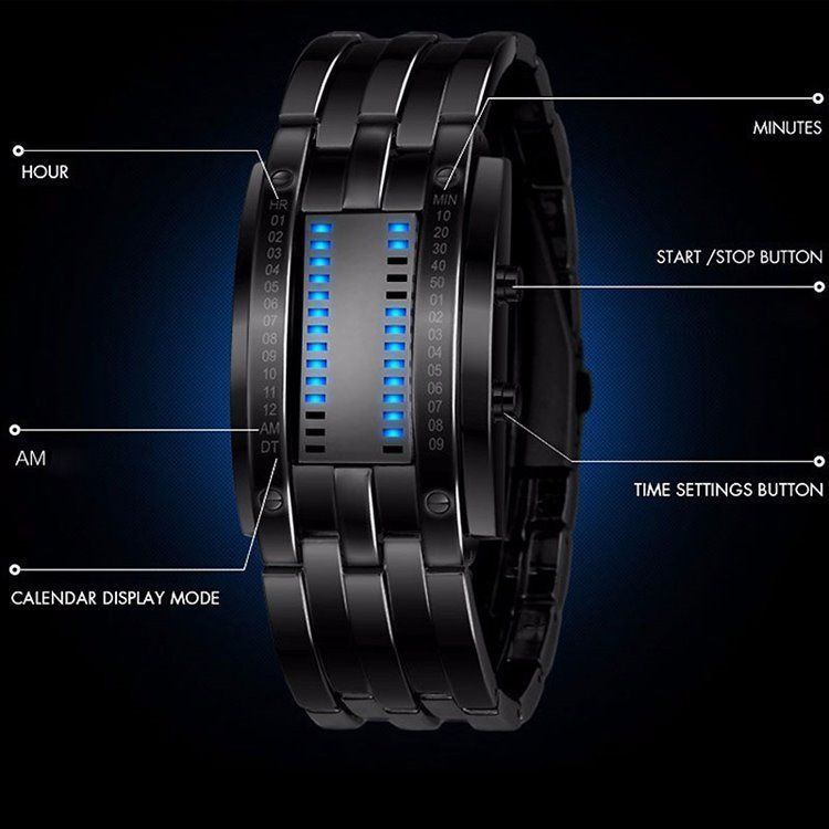 Wolfram Steel Binary Led Herrklocka