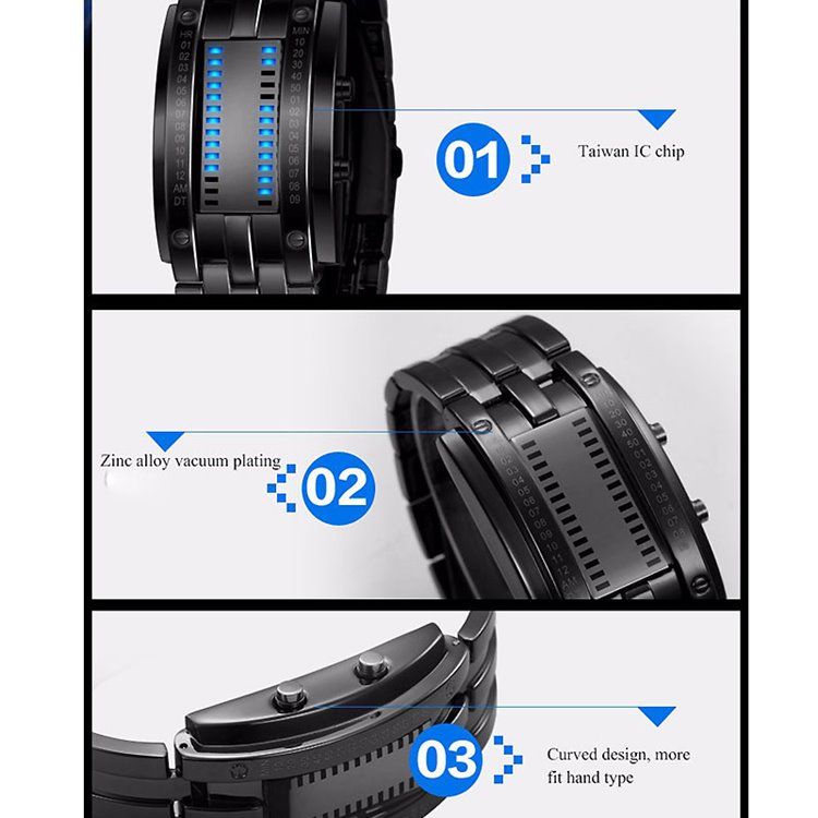 Wolfram Steel Binary Led Herrklocka