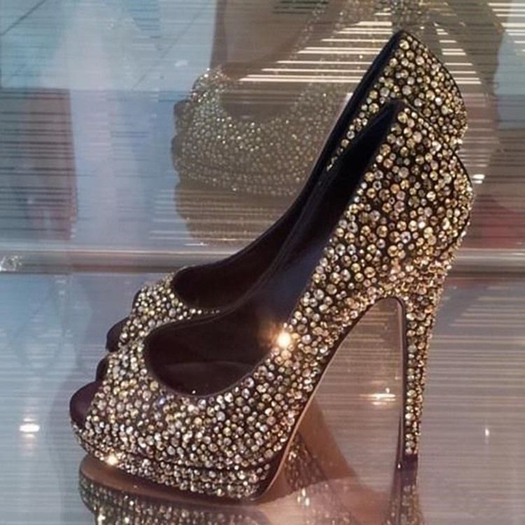 Damskor Rhinestone Peep Toe Platform Balskor