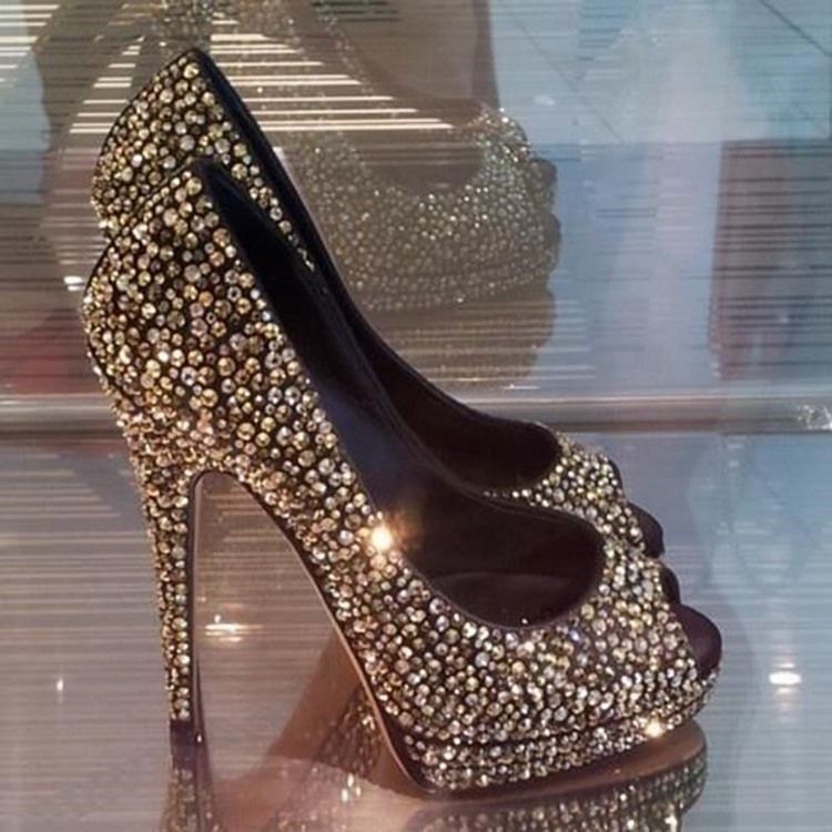 Damskor Rhinestone Peep Toe Platform Balskor