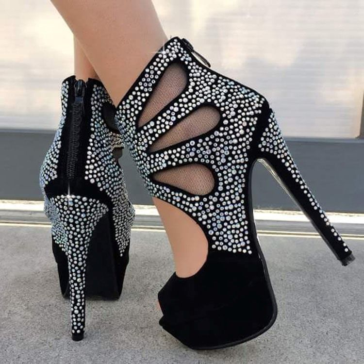 Fauxmocka Rhinestone Zipper Platform Peep Toe Damskor