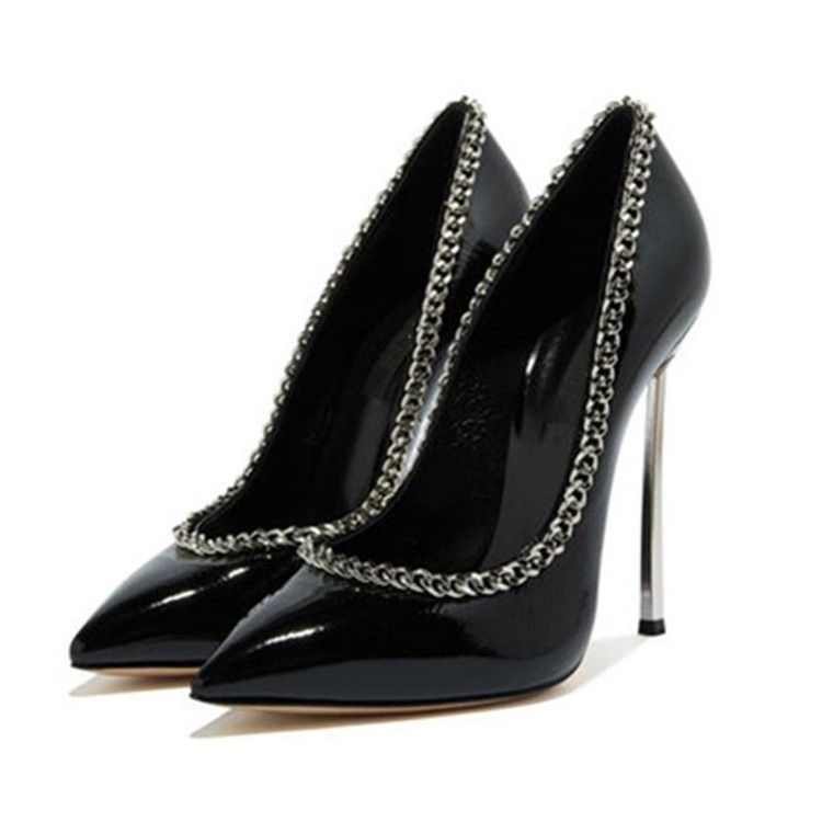 Plain Chain Spets Toe Stiletto Heel Slip-on Dam Pumps