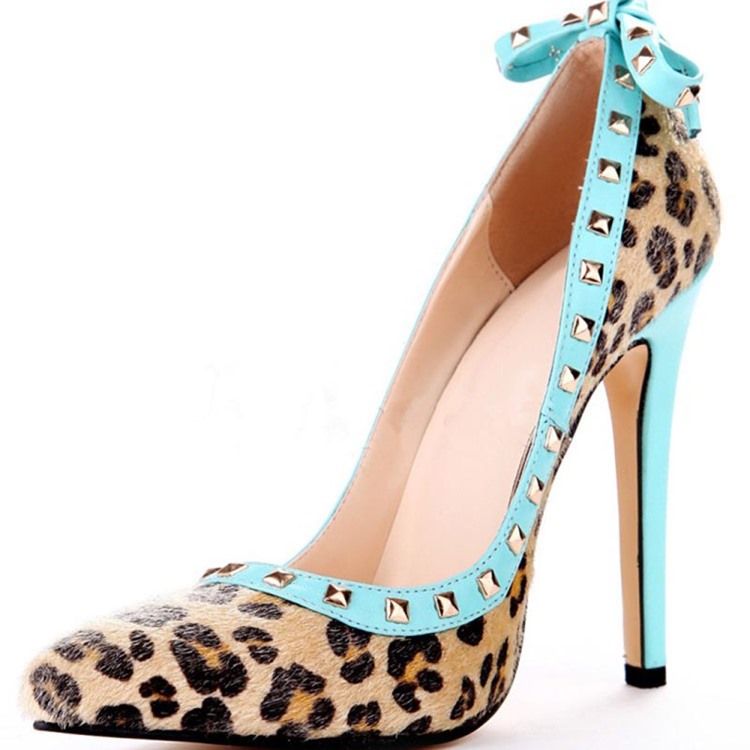 Rivet Leopard Stiletto Heel Pointed Toe Bow Dam Pumps