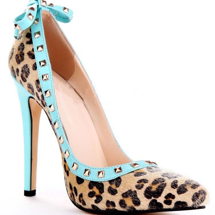 Rivet Leopard Stiletto Heel Pointed Toe Bow Dam Pumps