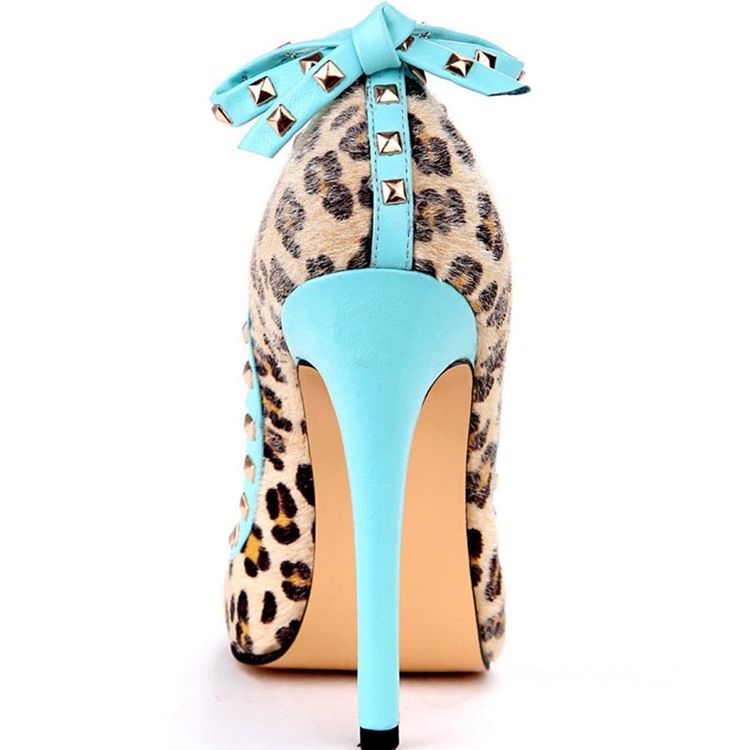 Rivet Leopard Stiletto Heel Pointed Toe Bow Dam Pumps