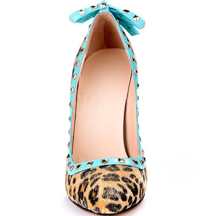 Rivet Leopard Stiletto Heel Pointed Toe Bow Dam Pumps