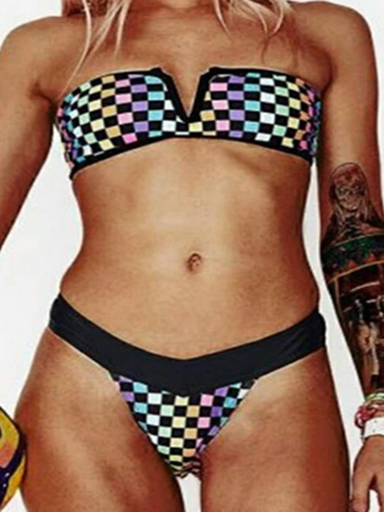 Dam Sexig Bikini Set Med Rutigt Färgblock