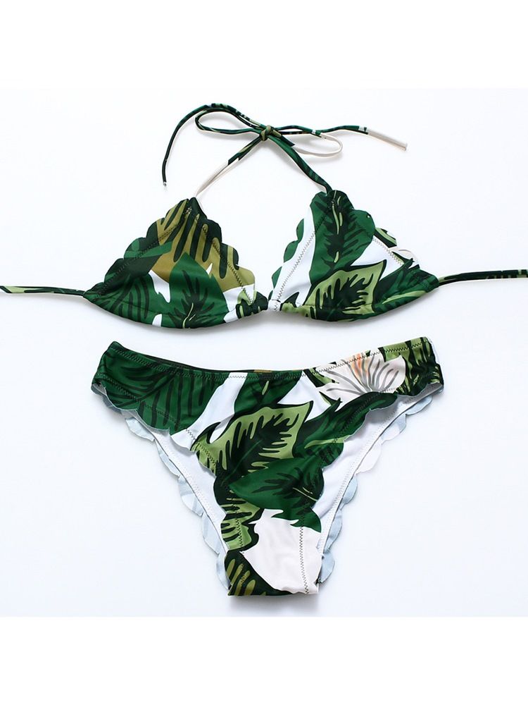 Kvinnor Plant Leaf Print Halter Bikini Suits