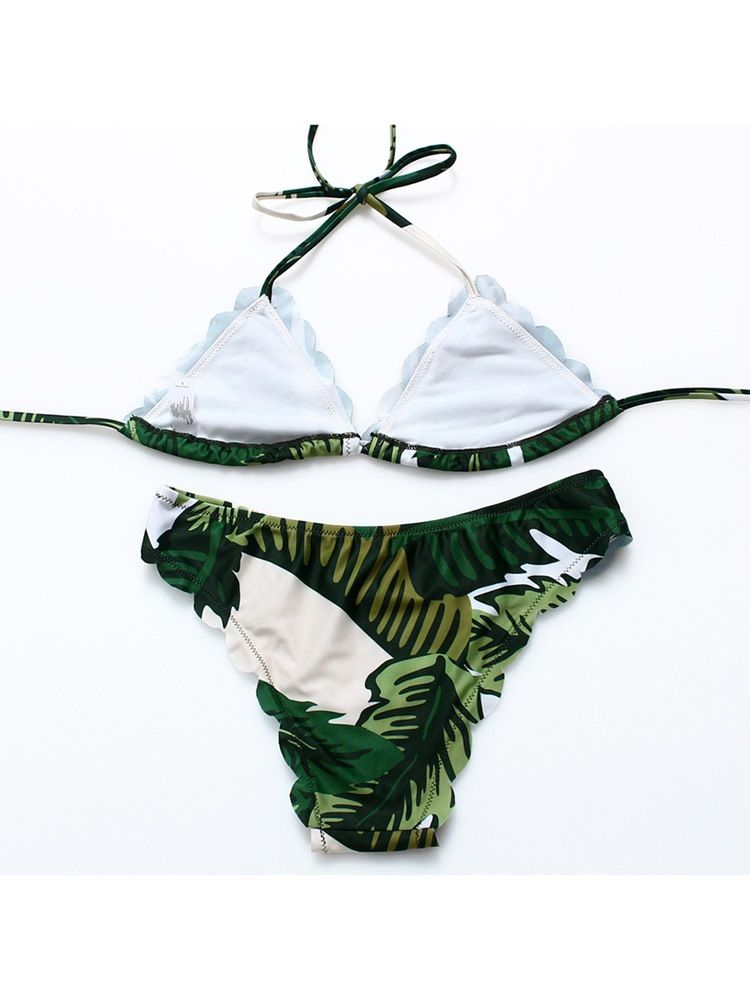 Kvinnor Plant Leaf Print Halter Bikini Suits