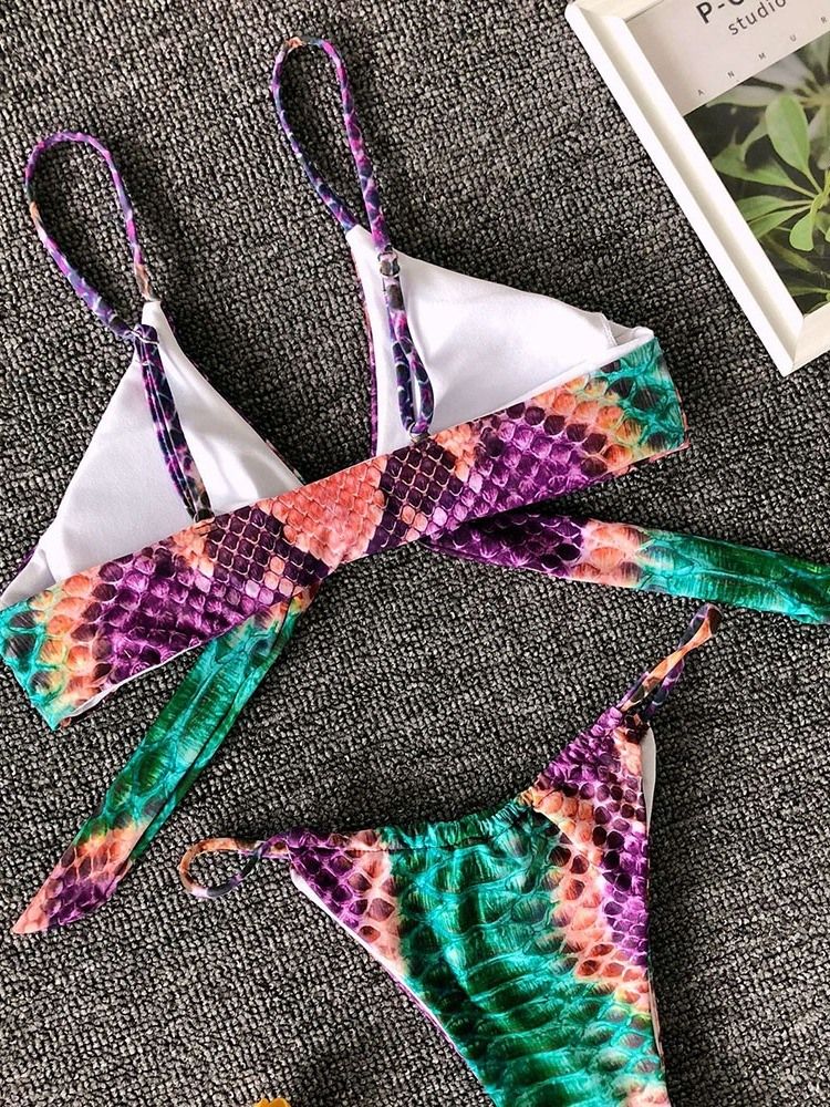 Kvinnors Färgblock Print Bowknot Lace-up Sexig Bikini