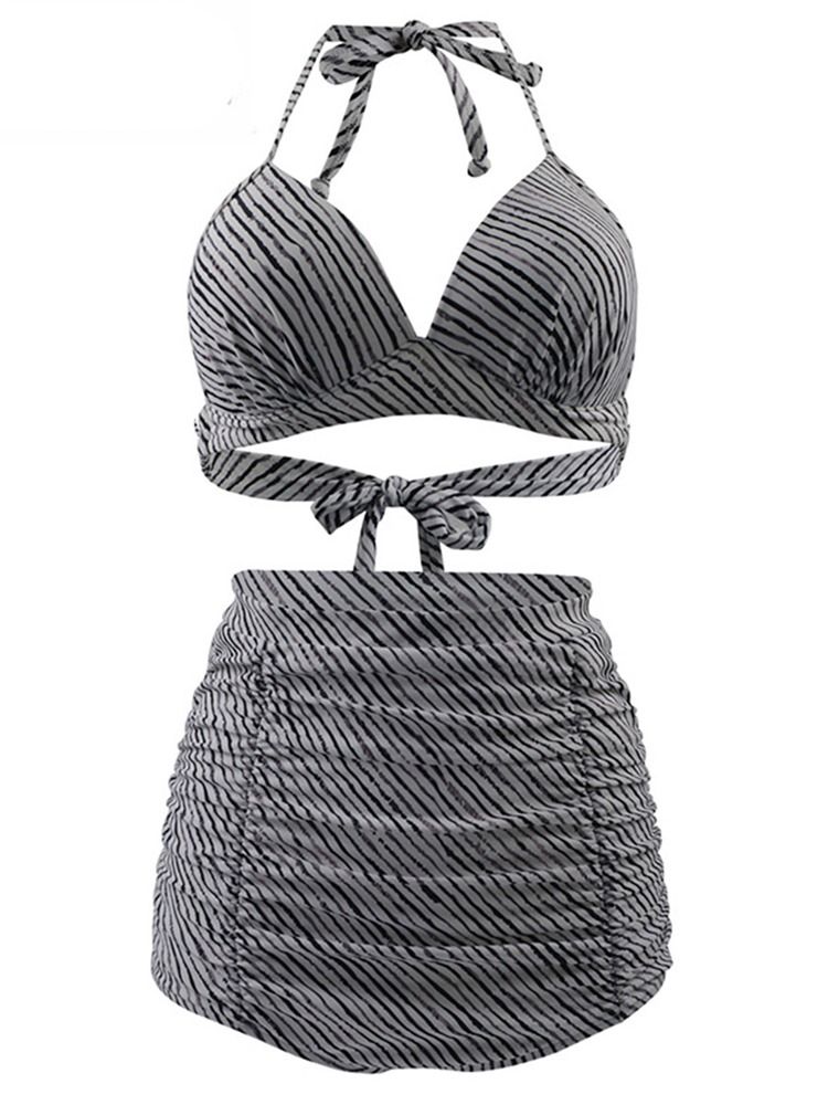 Striped Bikini Set Med Snörning I Veck