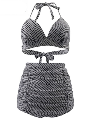 Striped Bikini Set Med Snörning I Veck