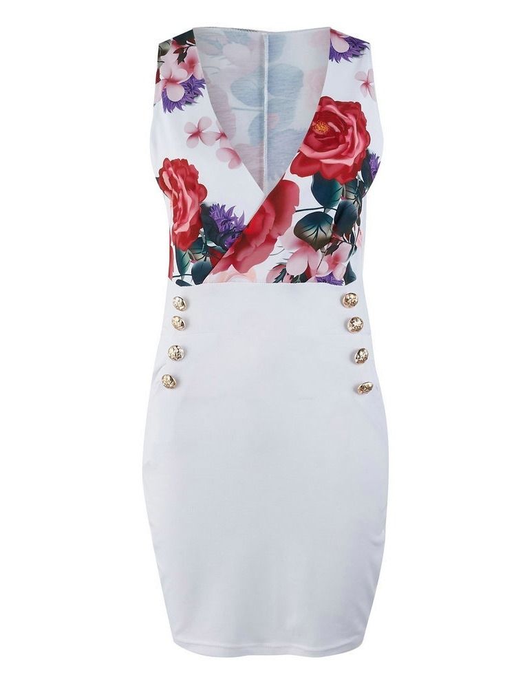 Dam Bodycon Floral Patchwork Pocket V-neck Over Dress