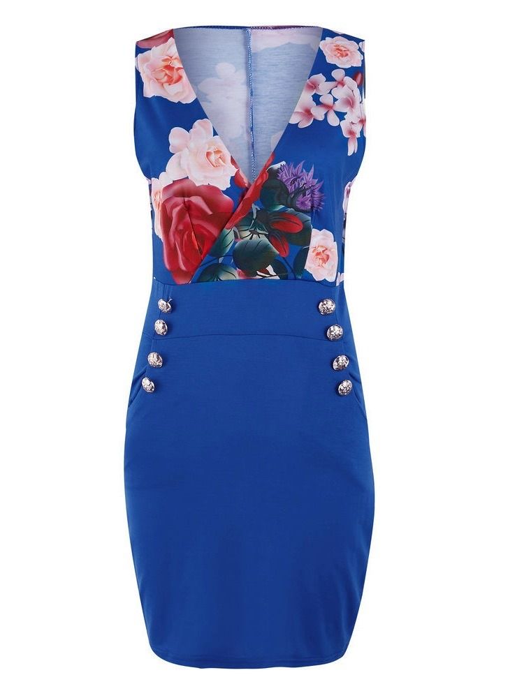 Dam Bodycon Floral Patchwork Pocket V-neck Over Dress