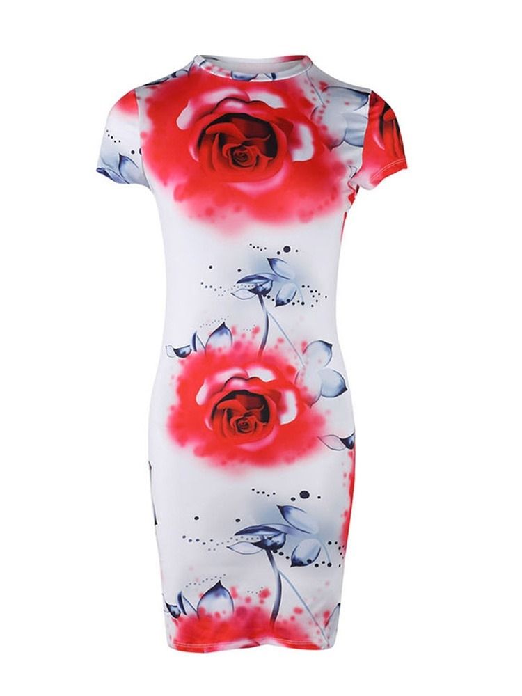 Dam Bodycon Ovanför Blommigt Tryck Knä Rund Hals Midja Sommar Klänning