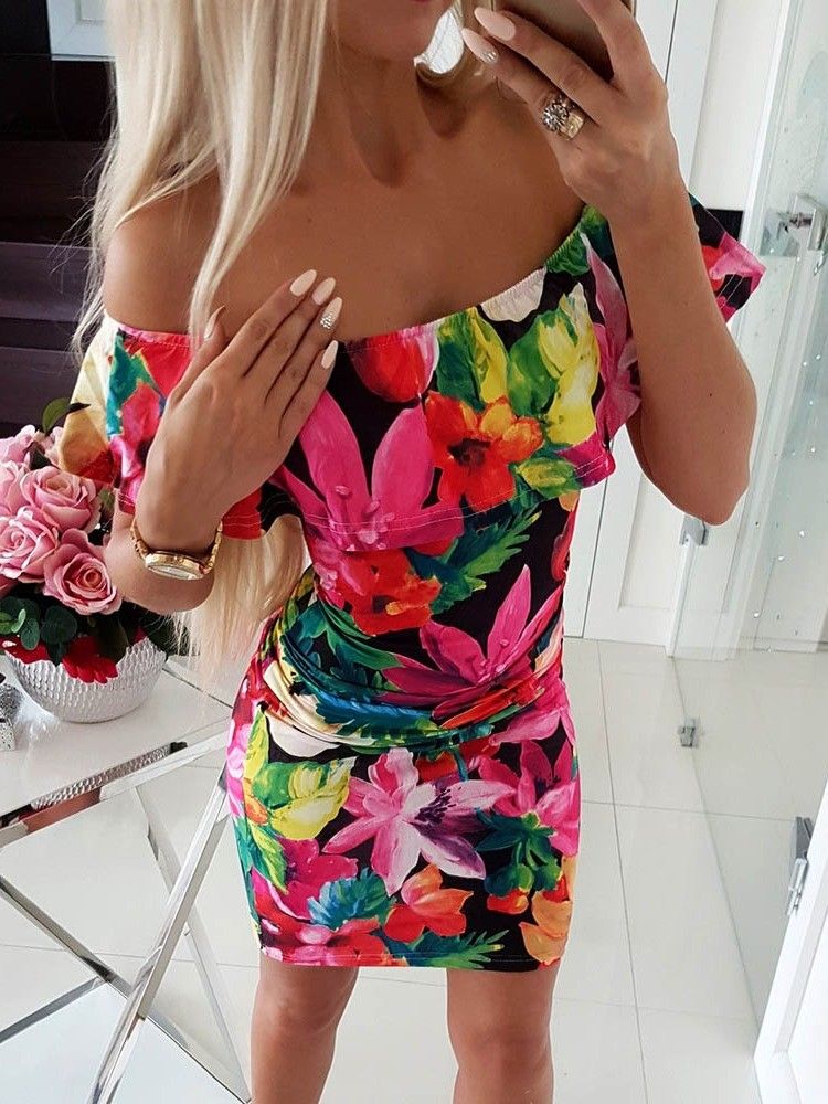 Dam Off Shoulder Floral Print Ovanför Knä Bodycon Vanlig Klänning