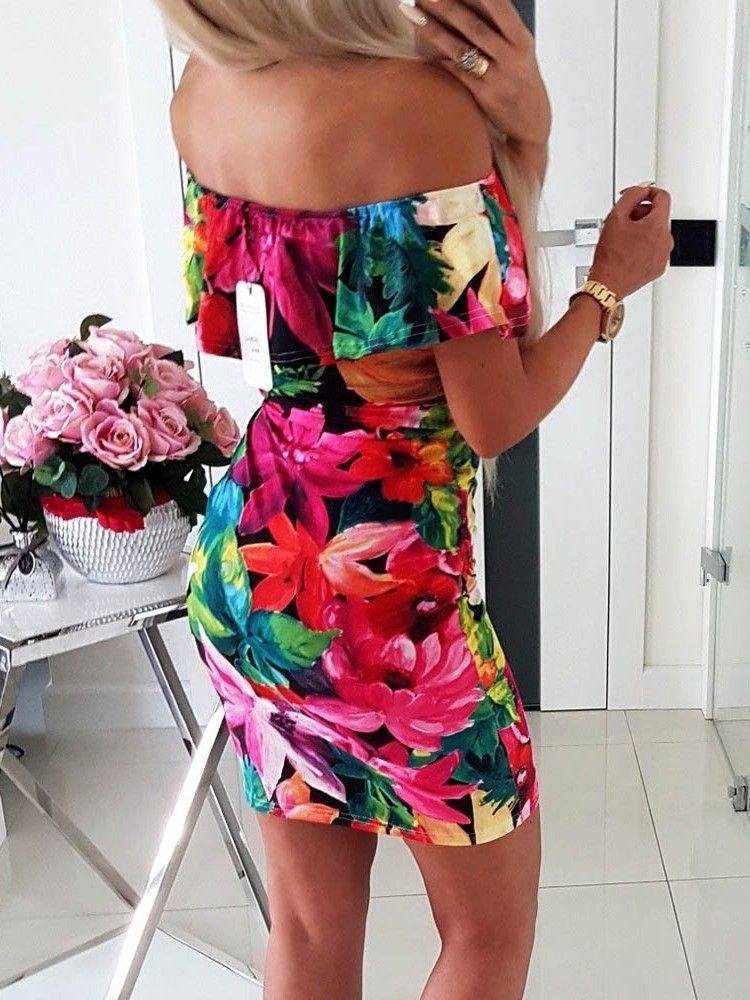 Dam Off Shoulder Floral Print Ovanför Knä Bodycon Vanlig Klänning