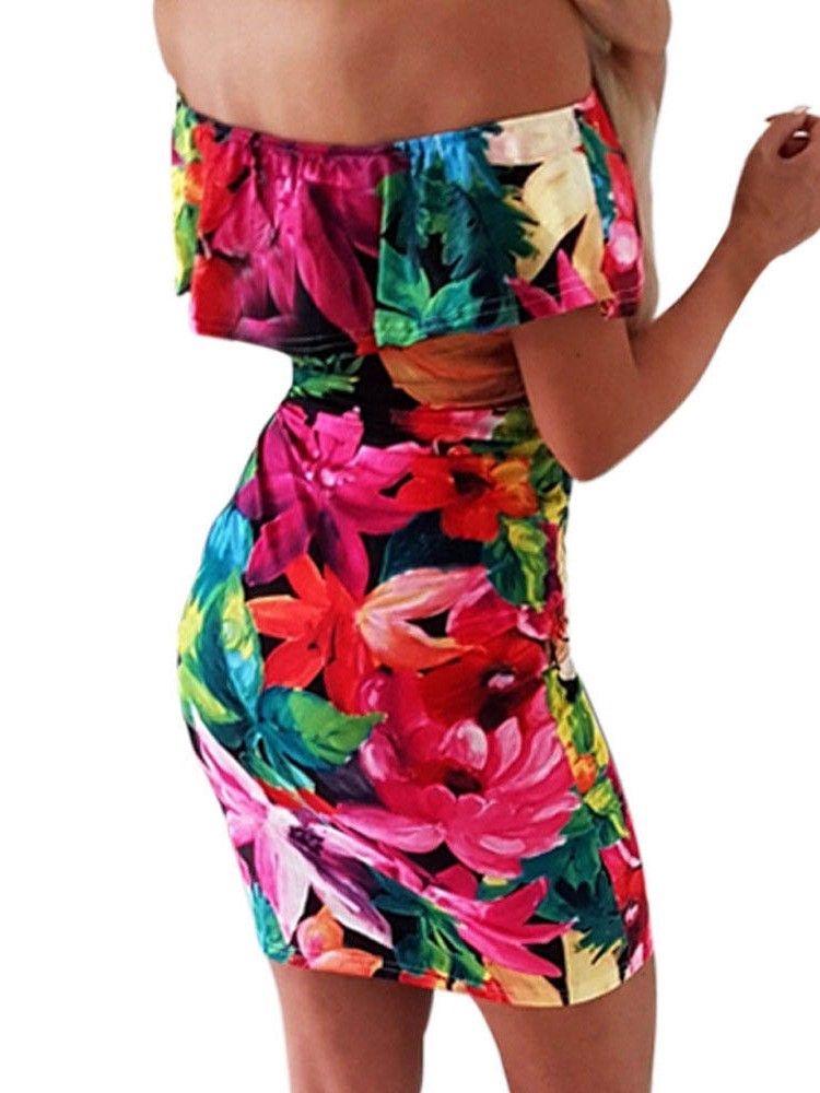 Dam Off Shoulder Floral Print Ovanför Knä Bodycon Vanlig Klänning