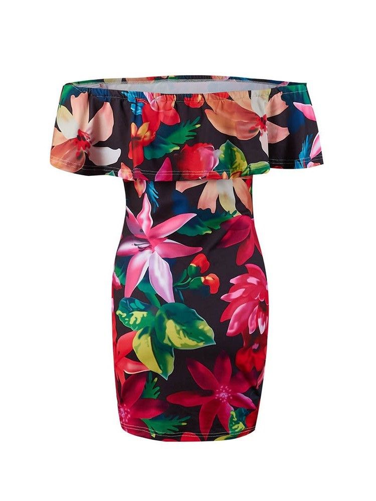 Dam Off Shoulder Floral Print Ovanför Knä Bodycon Vanlig Klänning