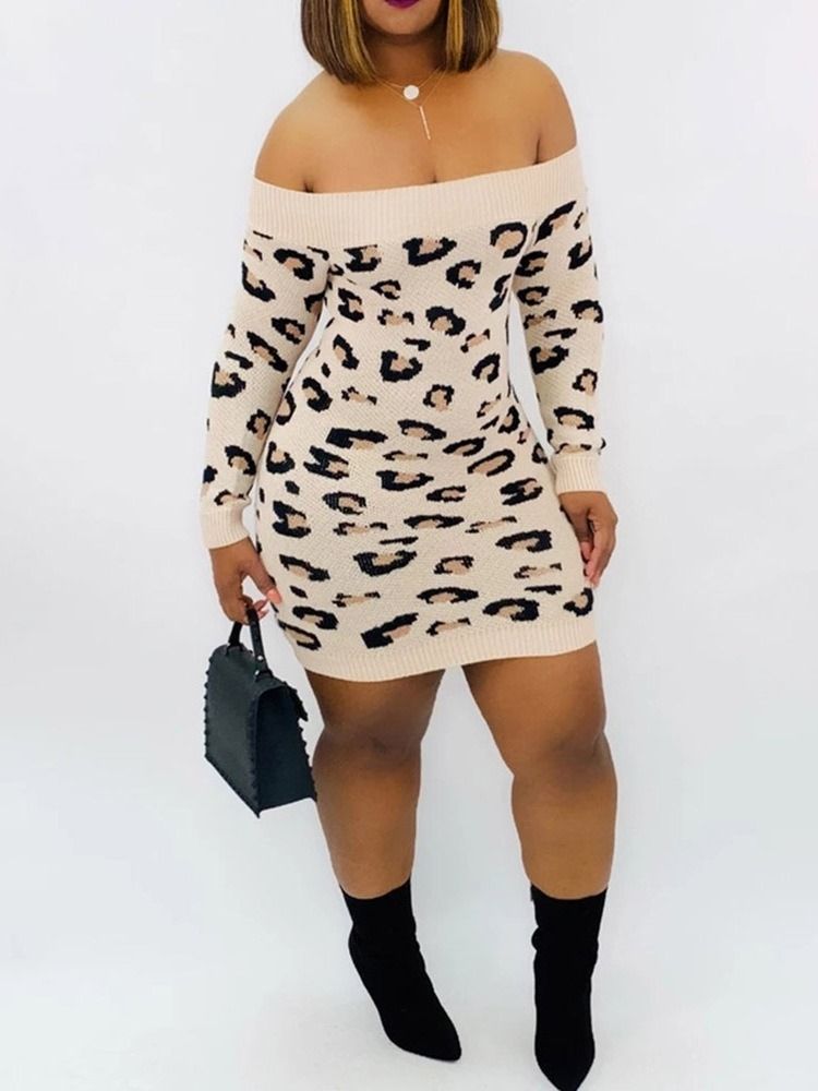 Dam Off Shoulder Ovanför Knätryck Leopard Regular Dress