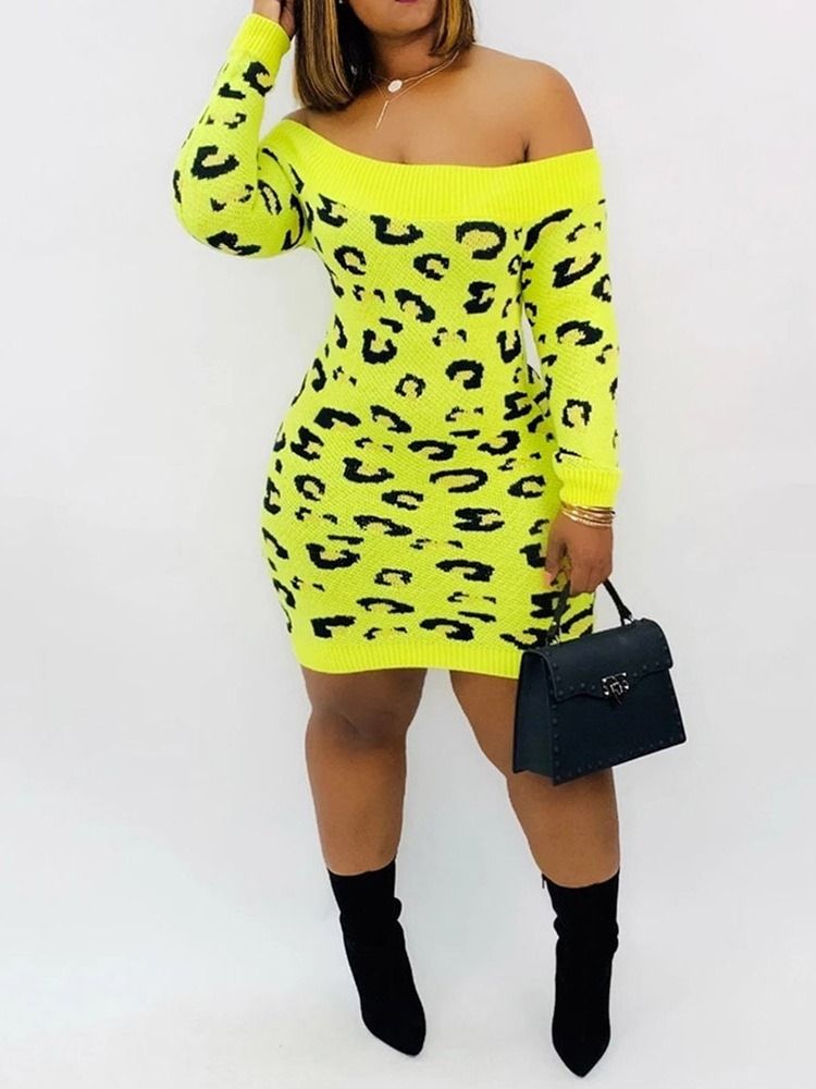 Dam Off Shoulder Ovanför Knätryck Leopard Regular Dress