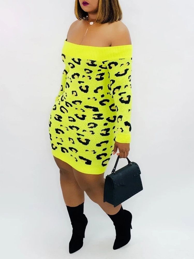 Dam Off Shoulder Ovanför Knätryck Leopard Regular Dress