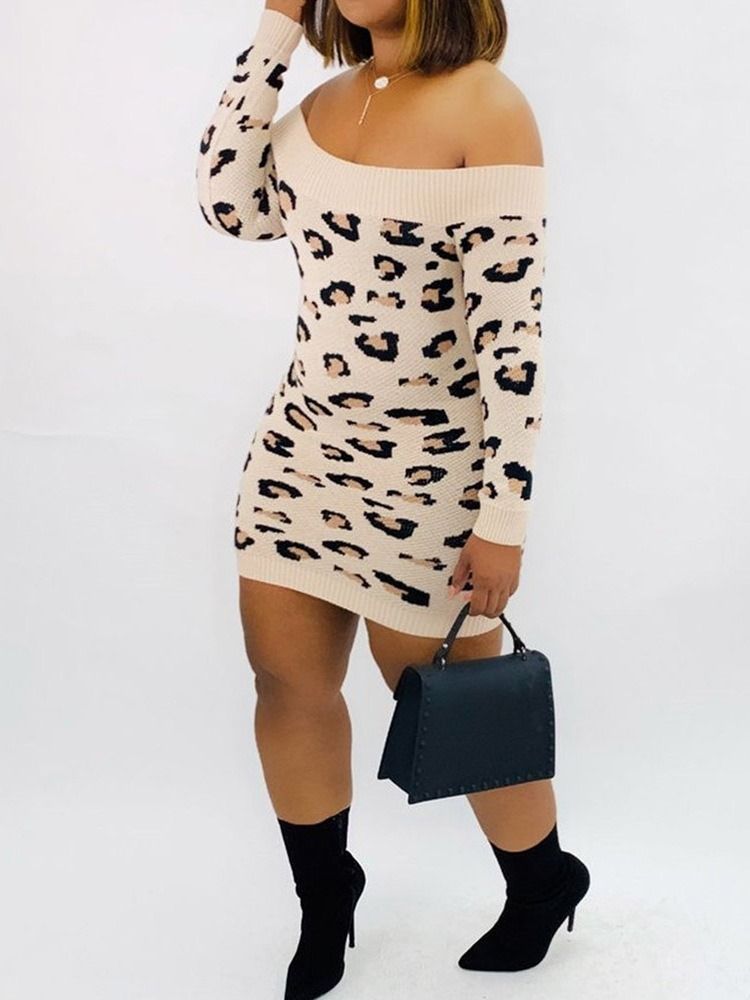 Dam Off Shoulder Ovanför Knätryck Leopard Regular Dress