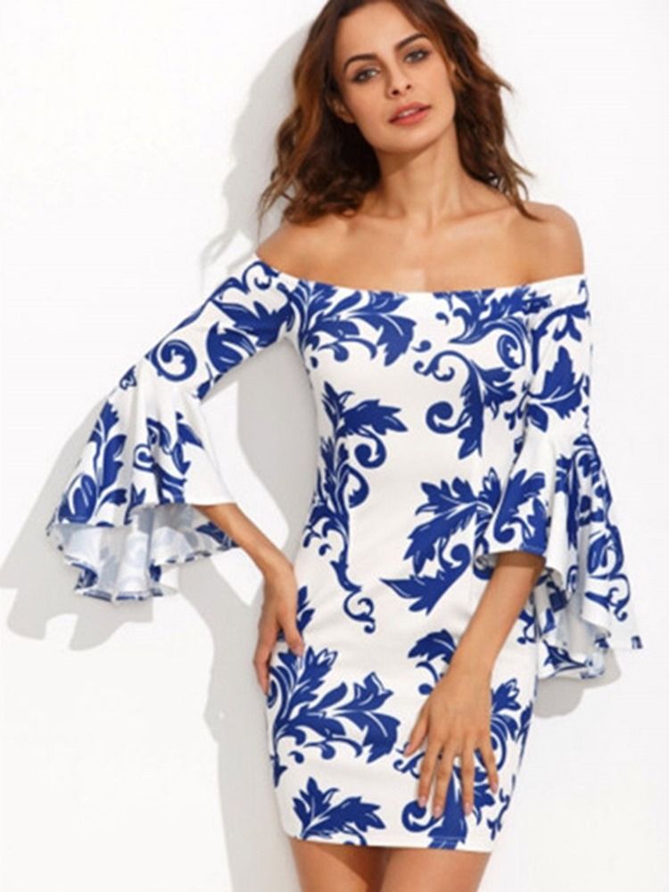 Dam Slash Neck Floral Print Bell Sleeve Bodycon Dress