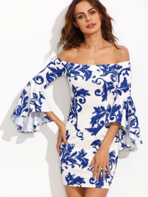 Dam Slash Neck Floral Print Bell Sleeve Bodycon Dress