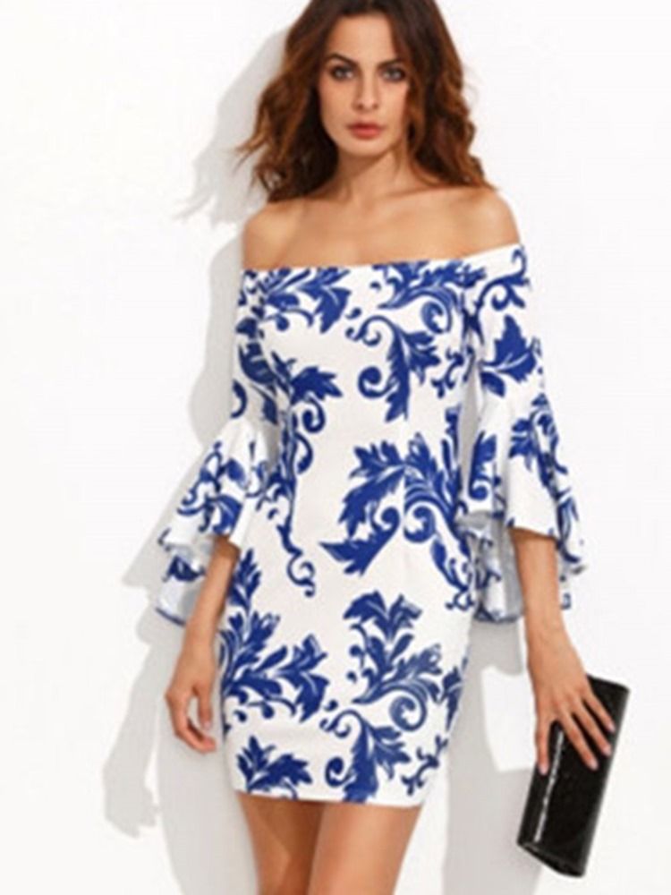 Dam Slash Neck Floral Print Bell Sleeve Bodycon Dress