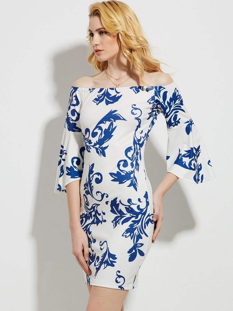 Dam Slash Neck Floral Print Bell Sleeve Bodycon Dress