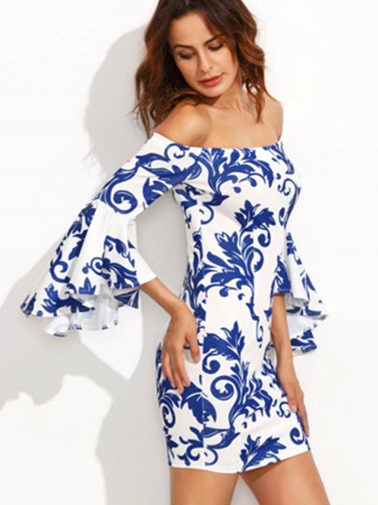 Dam Slash Neck Floral Print Bell Sleeve Bodycon Dress