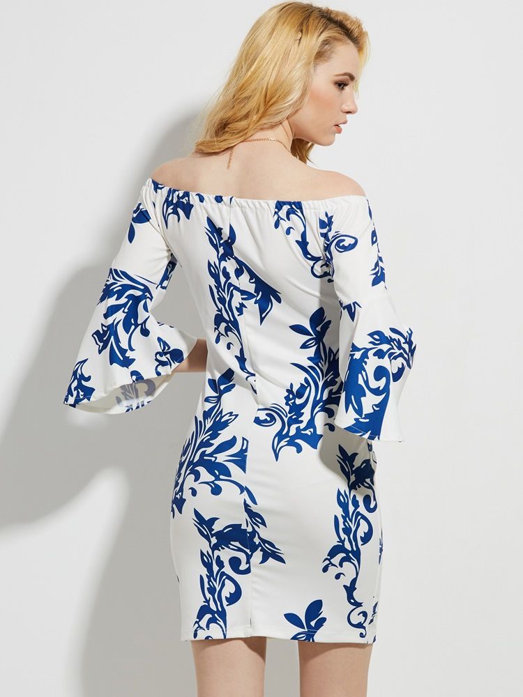 Dam Slash Neck Floral Print Bell Sleeve Bodycon Dress