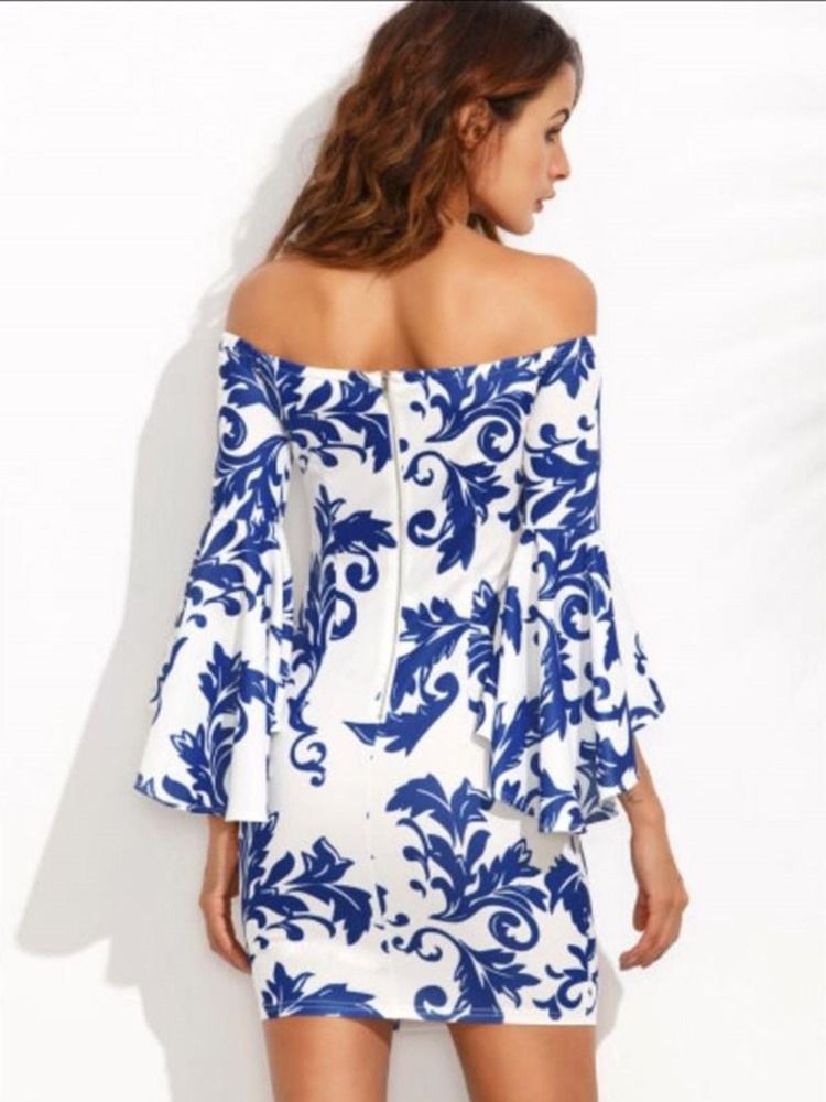 Dam Slash Neck Floral Print Bell Sleeve Bodycon Dress