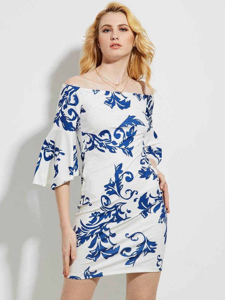 Dam Slash Neck Floral Print Bell Sleeve Bodycon Dress