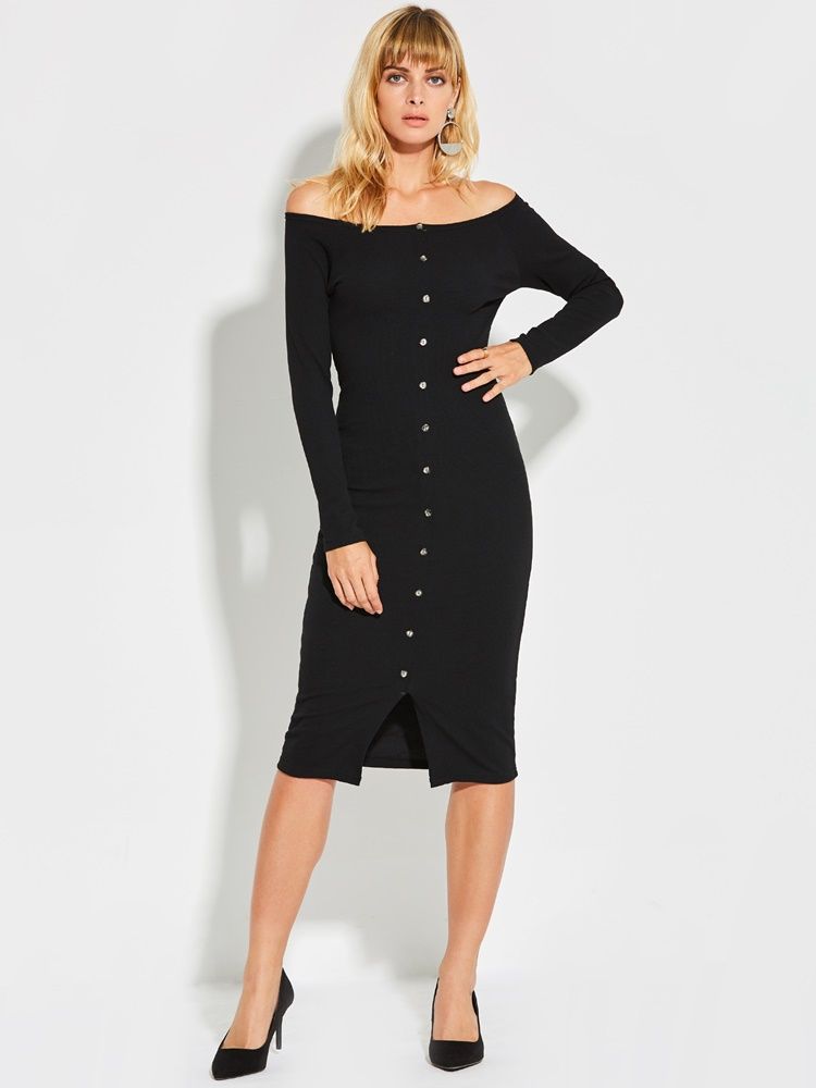 Dam Slash Neck-knapp Vanlig Bodycon-klänning