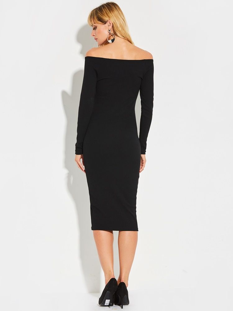 Dam Slash Neck-knapp Vanlig Bodycon-klänning