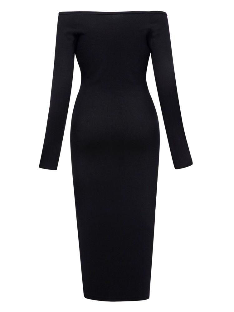 Dam Slash Neck-knapp Vanlig Bodycon-klänning