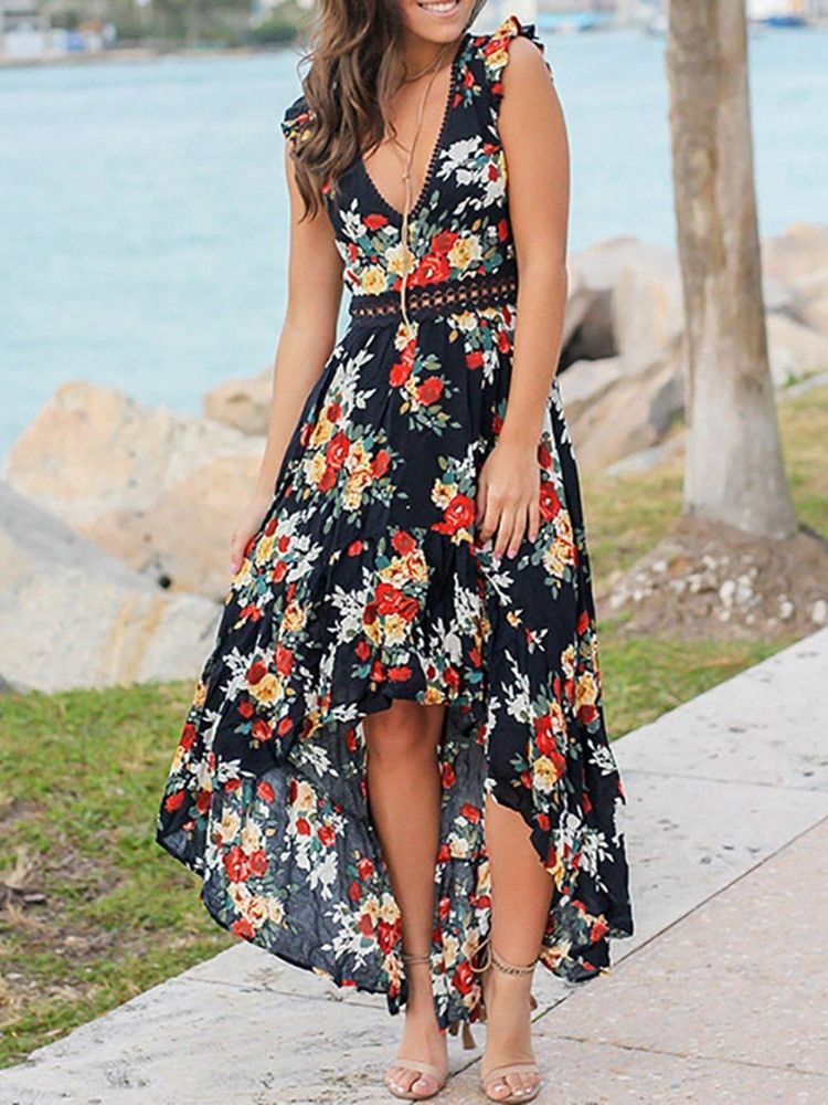 Dam Swallowtail Floral Print V-neck Sweet Pullover Dress